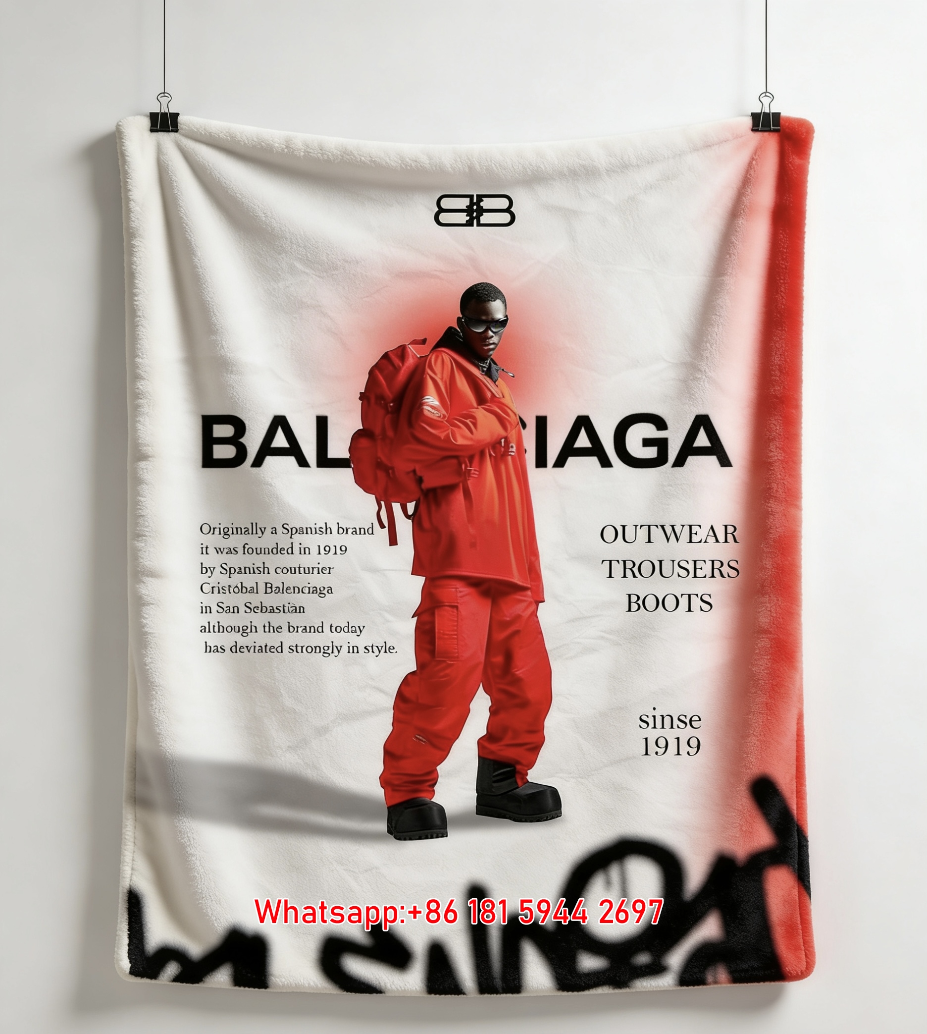 Balenciaga Red Outdoor Flannel Sofa Throw Blanket for Wall Hanging BA077